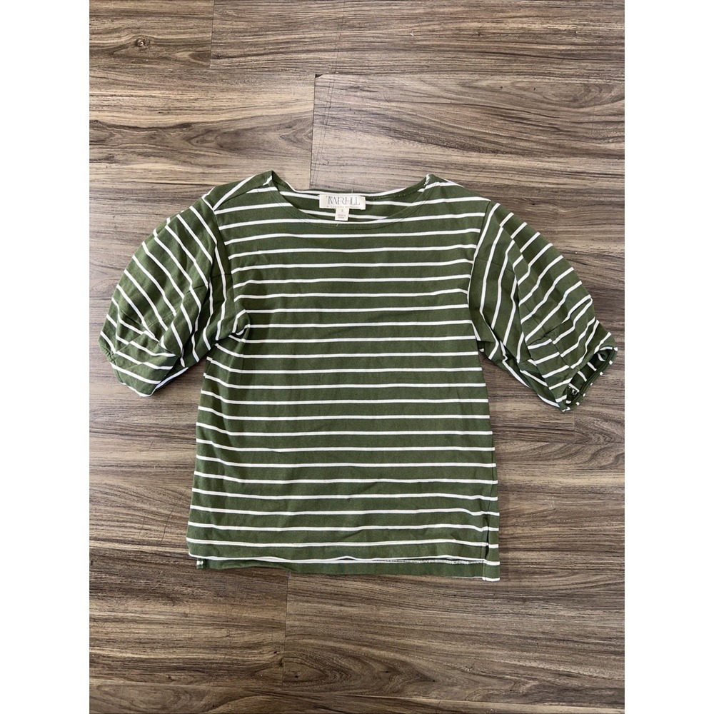 TWRHLL by Christie Brinkley Women's Balloon Sleeve Top Green Stripe Sz S